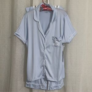 RAE DUNN. XL Light Blue White Notch Collar Short Sleeve Button Top Cropped PJ